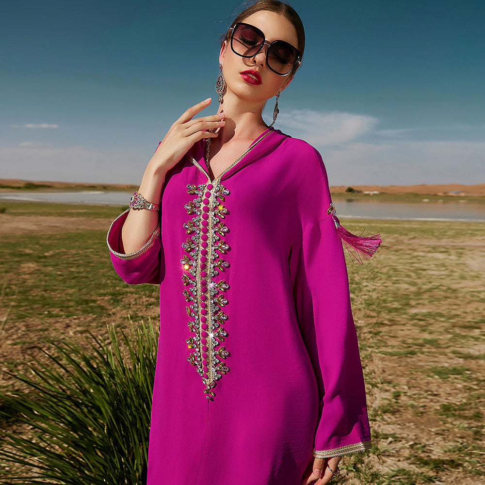 Women's Rose Red Hooded Middle East Moroccan Dubai Style Dress